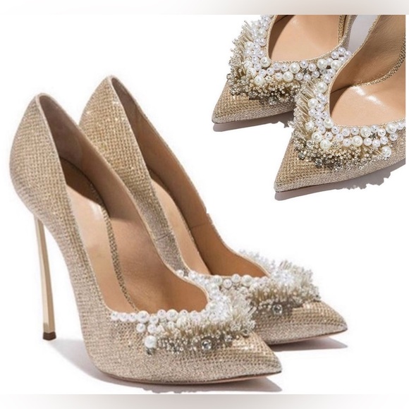 Casadei gold glitter stiletto blade high heel pumps 10 pearl beads rhinestones - Picture 11 of 11